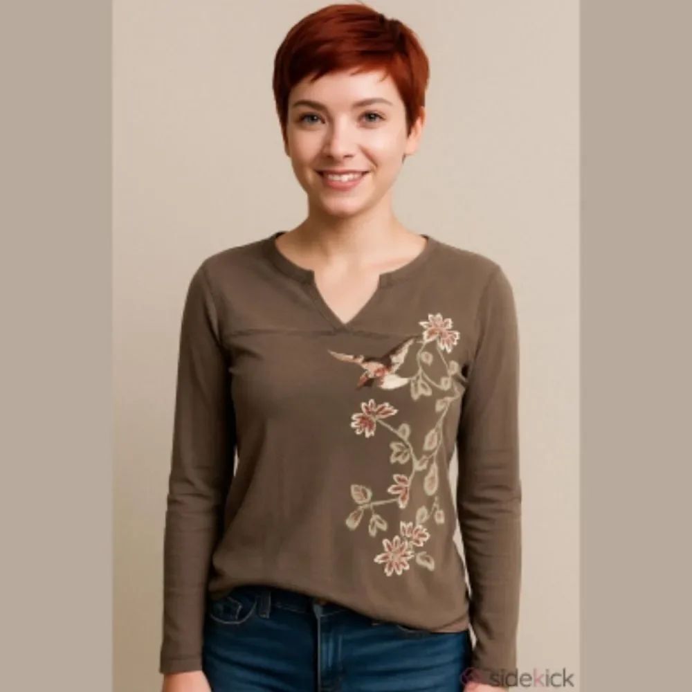 Vintage River island brown embroidered long sleeve T shirt size M